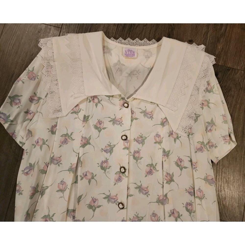 Vtg 80s 90s Maternity Dress Pleated Floral Cottagecore Button Sailor Collar USA